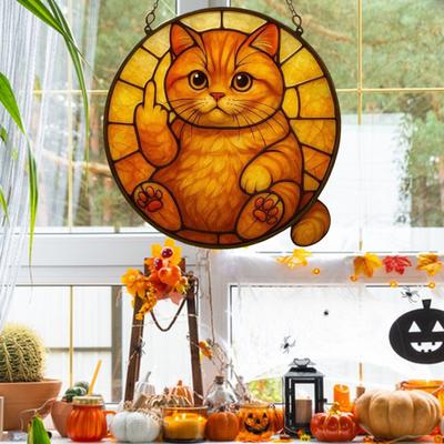 Koc Sun Catcher 2D Akrylowa Dekoracja Wisząca Kota Pokazujący Środkowy Palec Dekoracja Okienna Kota do Sypialni Pokoju Dziennego Balkonu Sztuka Ścienna