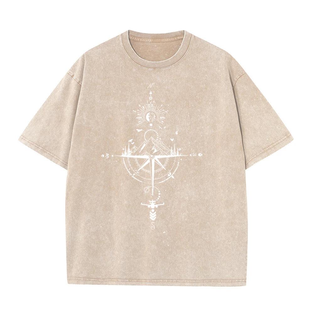 American Vintage Washed T Shirt Compass Mountain Graphic Streetwear Oversized Tee