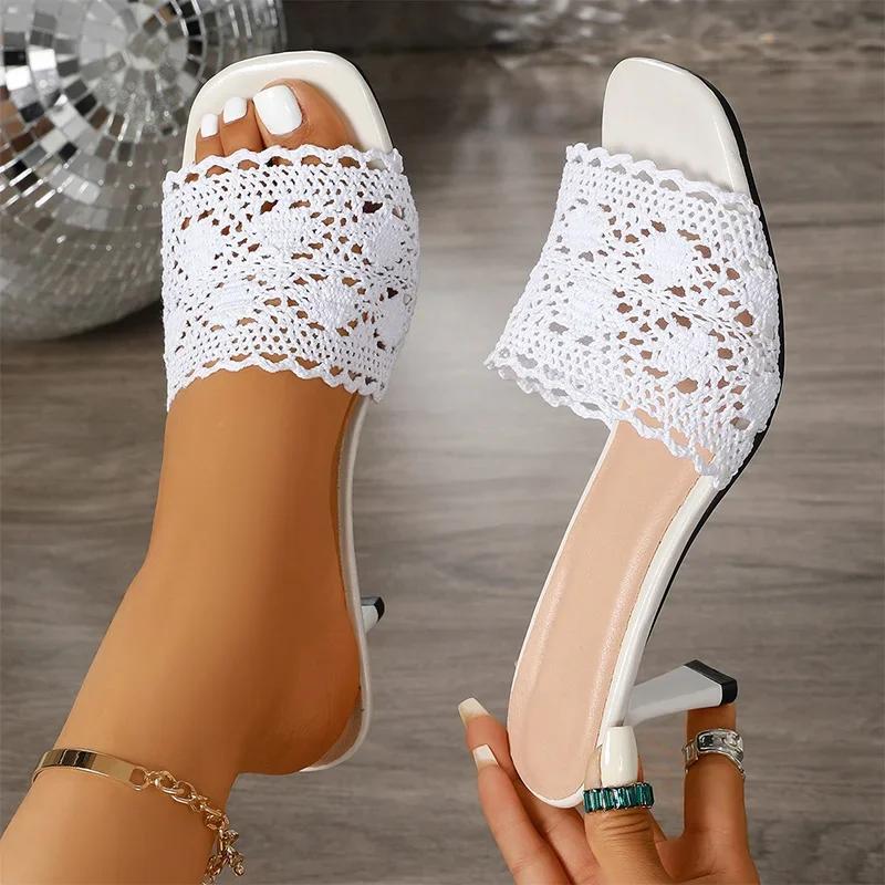 Fashion Lace High Heels Sandals for Women 2025 Summer Lightweight Comfortable Slippers Woman Plus Size Thin Heeled Square Toe Slippers