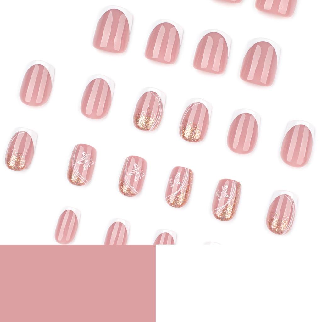 French White Butterfly Glitter Short Square False Nails