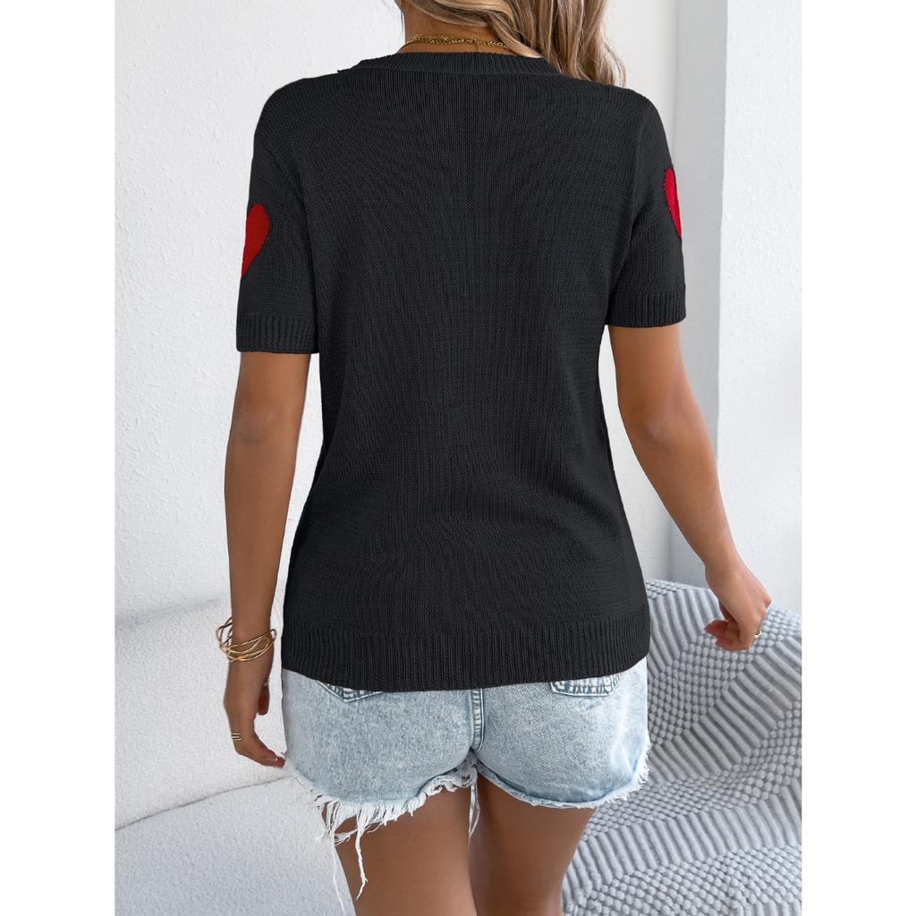 GMXIA Spring Summer Casual Color-blocking Heart-shaped Short-sleeved Knitted Sweater for Valentine's Day Women's Wear