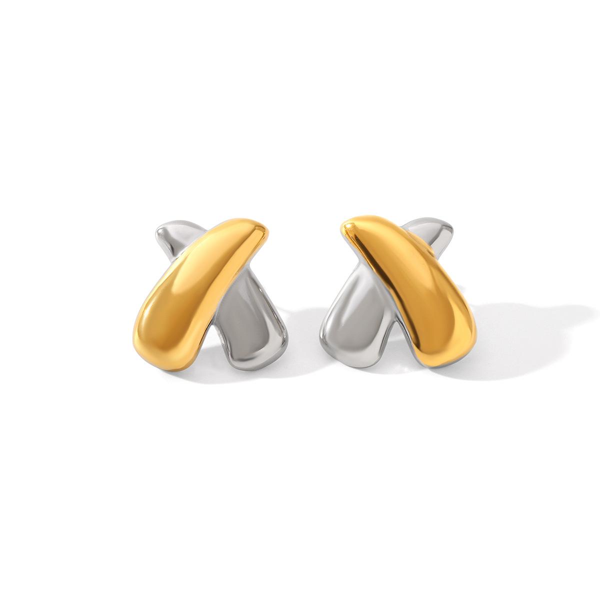 Gold and Silver Color-block X-shaped Earrings for Women, Ins Style Niche Design Titanium Steel Studs, Fade-resistant