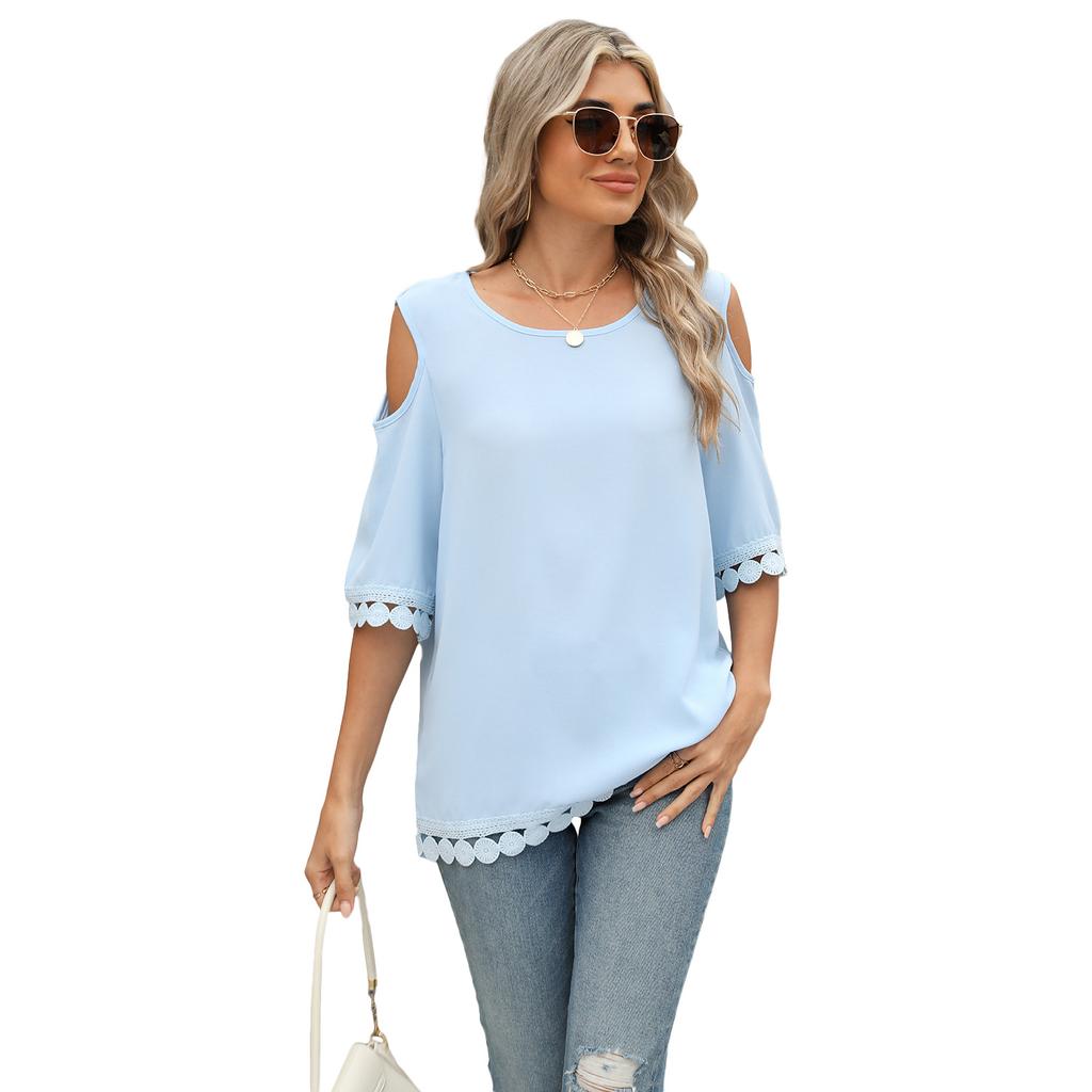 Women's Spring and Summer New Round Neck Lace Chiffon Shirt Loose Strapless Middle Sleeve Tops