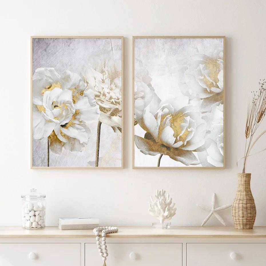 Abstrakte Gold Weiß Blühende Blumen Wand Kunst Poster Leinwand Malerei Drucke Bilder Moderne Wohnzimmer Interior Home Decor