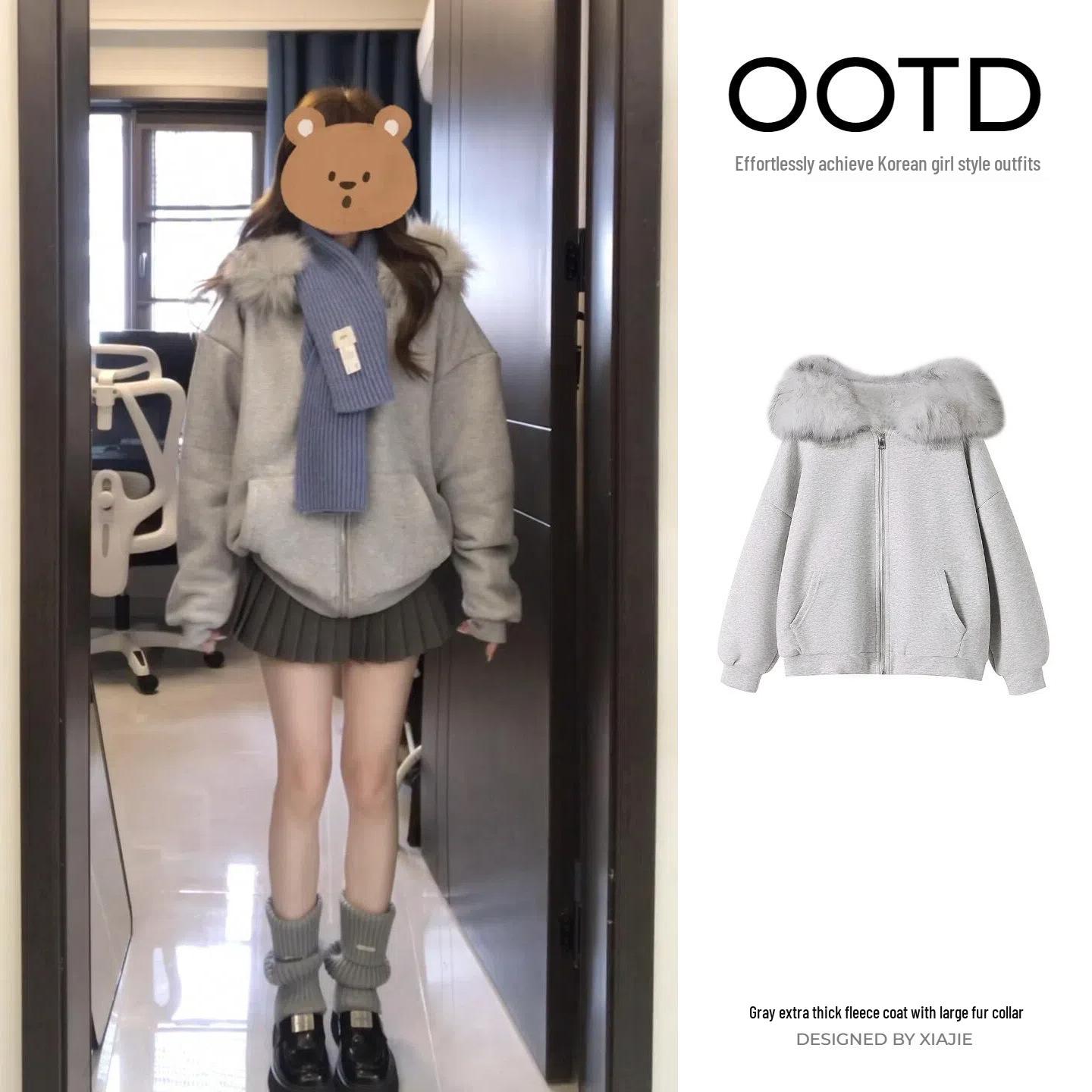

Женское серое худи на флисовой подкладке с меховым воротником, корейский стиль, маленький размер, коллекция осень/зима 2025. XL