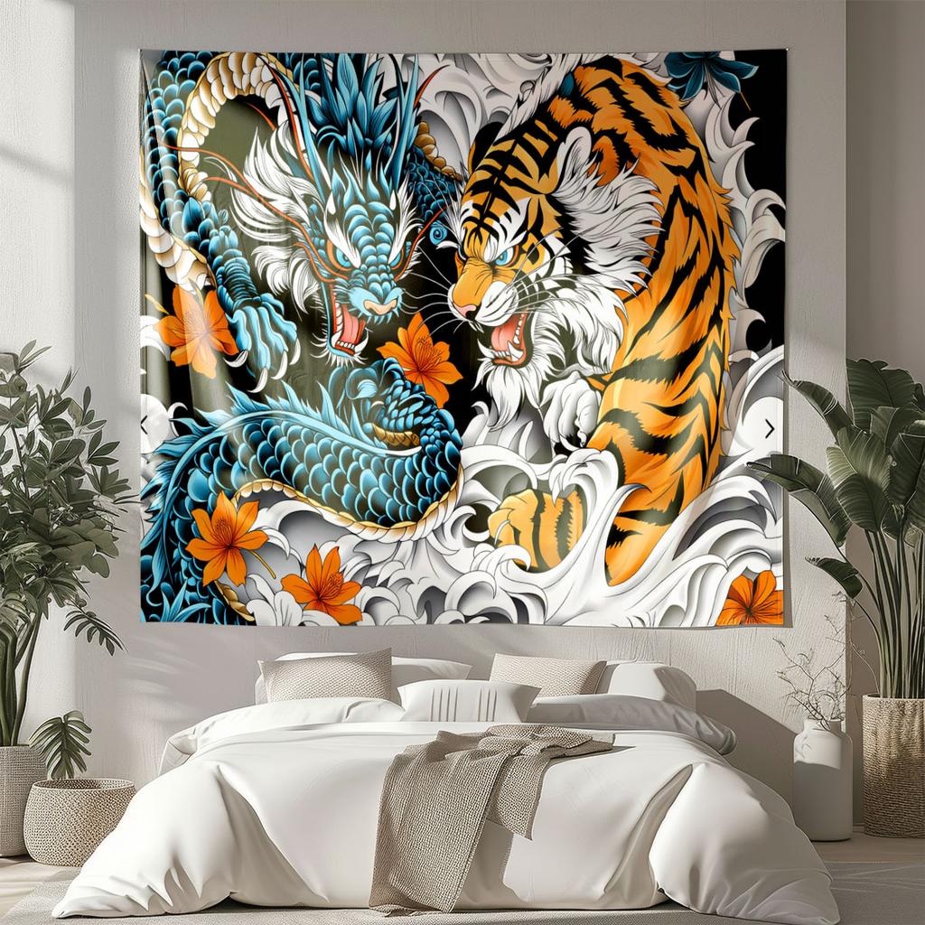 1Pc Dragon And Tiger Fight Printed Tapestry Living Room Background Wall Art Decoration Multi Size Space Pendant