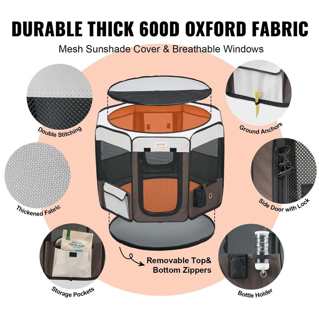 Foldable Pet Playpen, 36 inch Portable Dog Playpen, Crate Kennel for Puppy, Dog, Cat, Premium Waterproof 600D Oxford Cloth, Removable Zipper, for