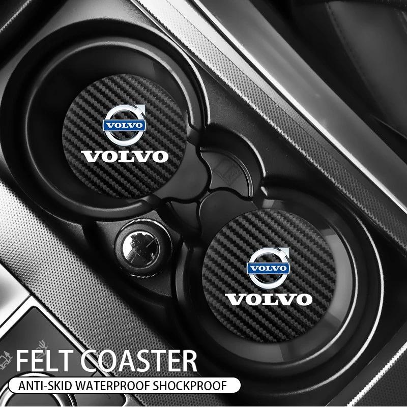 2Pcs Car Carbon Leather Water Cup Pad Anti-noise Coaster Mat For Volvo XC90 V90 V60 XC60 V40 S80 S60 S90 C40 XC40 V70 XC70 C30