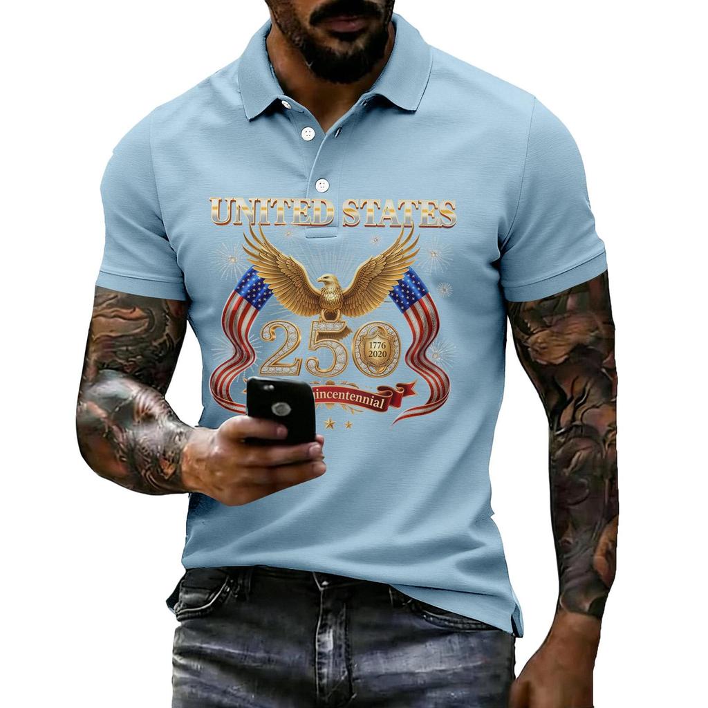 Men's Casual Polo Shirt Short Sleeve Flag Print Lightweight Breathable Comfortable Summer Top with Button Collar