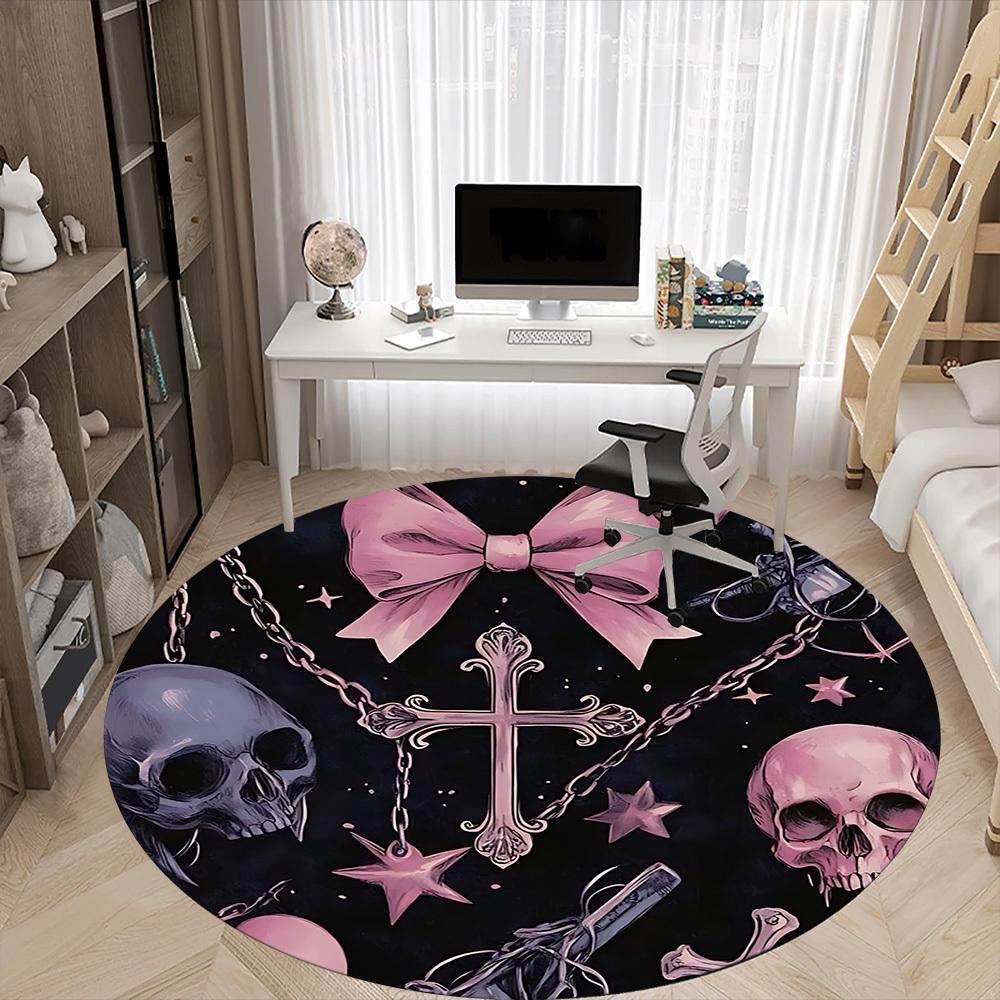 1pc Bow Gothic Skulls Office Round Area Rug, Indoor Mat Suitable ForOffice, Under Office Chairs Bedroom Living Room Home Decor, Room Deco, n60