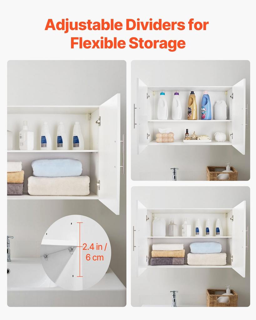 Laundry Room Wall Cabinet, 2-Tier Wall Mounted Hanging Cabinet with Adjustable Shelf, Cupboard Storage with 2 Doors, for Kitchen, Bathroom, Laundry,