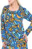Women's Big Size Dress Square Neck Long Sleeve Turquoise Patterned Plus Size Midi Dress