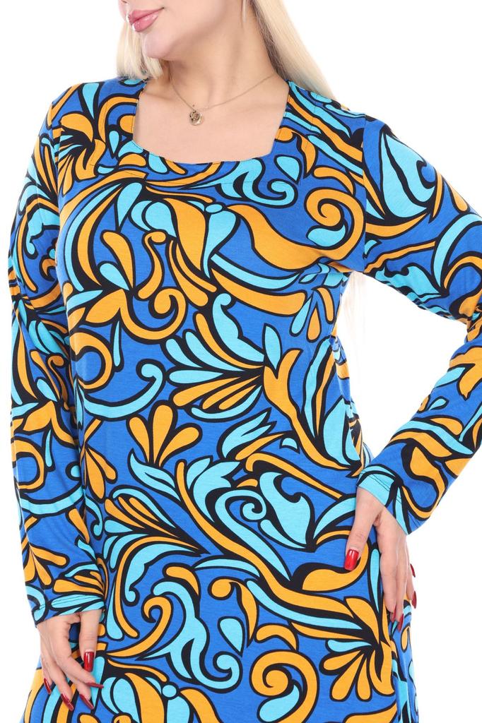 Women's Big Size Dress Square Neck Long Sleeve Turquoise Patterned Plus Size Midi Dress