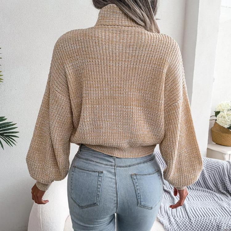 Women Loose Knit Turtleneck Sweater Long Sleeve All Match Fall Winter Mixed Color Lantern S-L