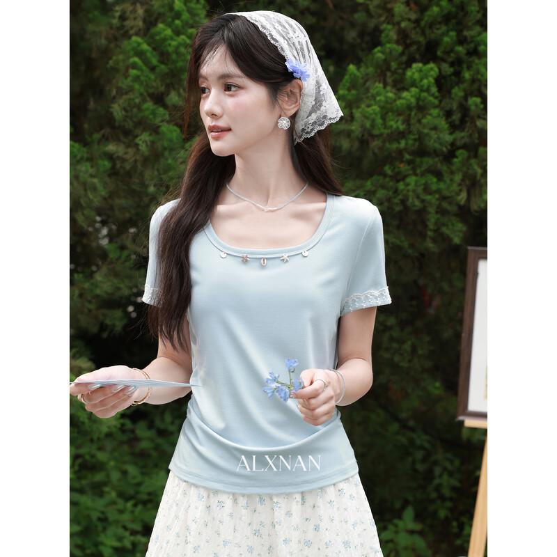 Women s Lace Trim Square Collar T-shirt M