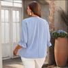 Light Blue Striped Shirt, Fashionable Commuter Versatile Bell Sleeve Pullover V-neck Top for Women