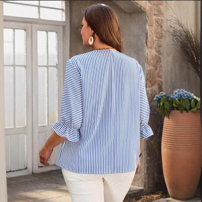 Light Blue Striped Shirt, Fashionable Commuter Versatile Bell Sleeve Pullover V-neck Top for Women