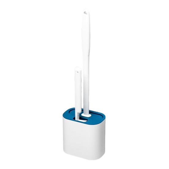 Silicone Toilet Brush Set with L-Shaped Head Long Non-Slip Handles Wall Mounted Holder Compact Bowl Cleaner Brush