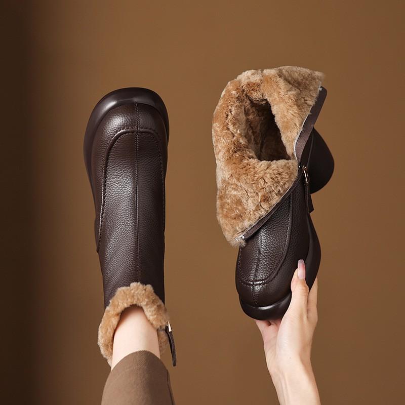 7cm British Style Leather Ankle Boots Warm Winter Fall Round Toe Chunky Heel Side Zip Booties