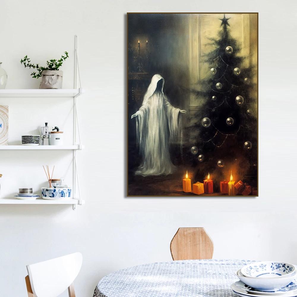 Winter Pine Forest Santa Claus Rustic Landscape Poster  Christmas Canvas Painting, Dark Academia, Antique Vintage Home  Decor