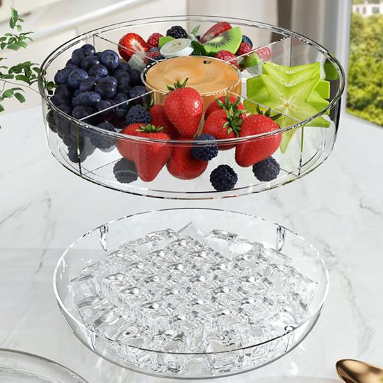 Rotating Salad Box, with Multi-Grid And Center Sauce Cup Fruit Tray, Ice Trough Cooling Base Design, Serving Bowl for Party, Gathering