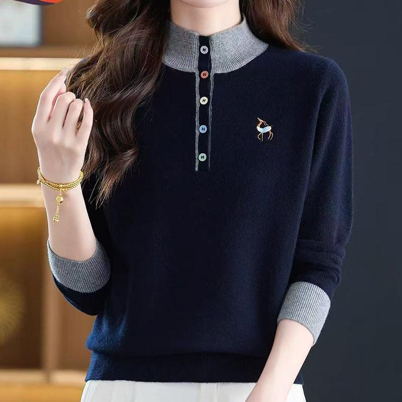 2026 Women's Stylish Loose Fit Color Block Embroidered Red Wool Sweater Base Layer