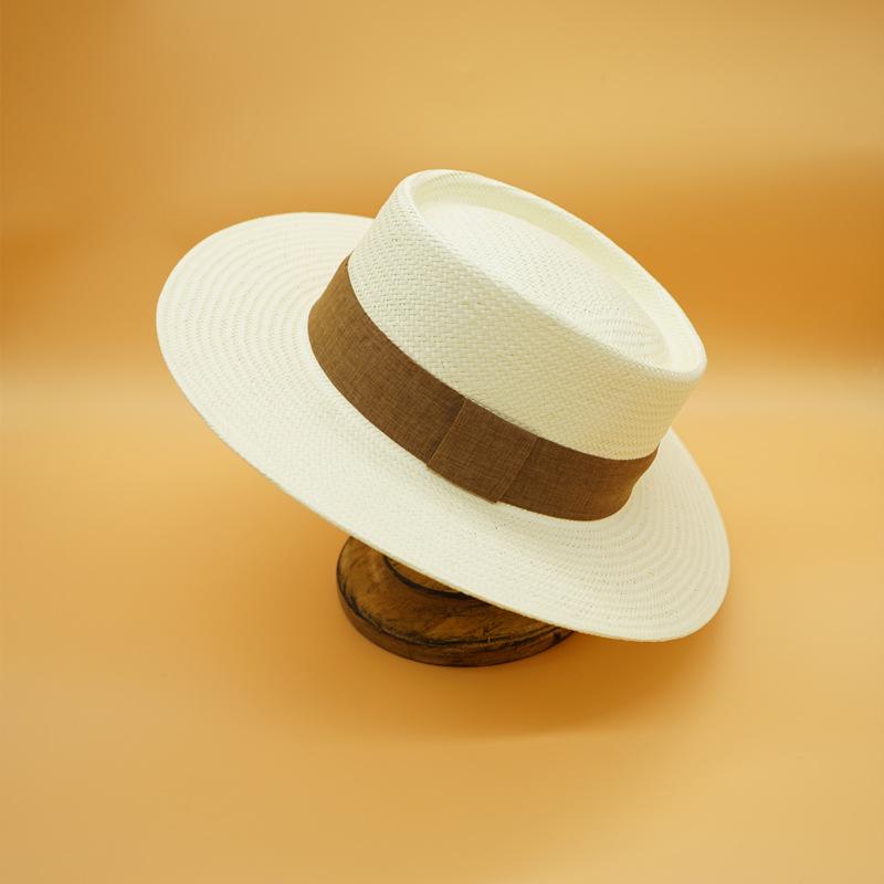 French Elegant Retro White Hand-Woven Flat Top Top Hat Women'S Summer Sunshade Vacation Foreign Trade Panama Straw Hat