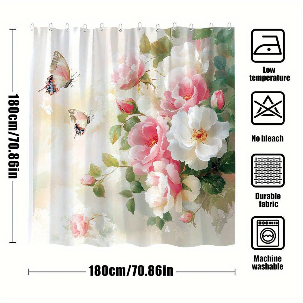 1Pc Romantic Roses Bath Curtain Delicate Pink White Bouquet Green Leaves Translucent Butterflies Cream Pale Pink Gradient Backgr