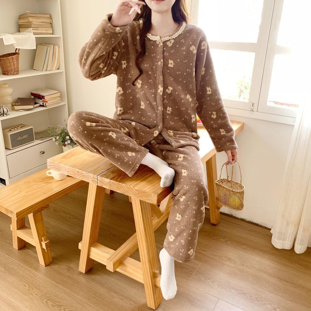 Herbst- und Winter Damen Frischer und Bequemer Pyjama Dick Warm Einfaches Hausanzug-Set