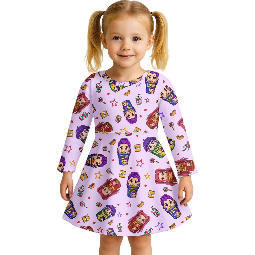 Dziewczęca Sukienka Codzienna Casualowa Uroczy Kreskówkowy Nadruk Długi Rękaw Strój do Tańca Sukienka Księżniczki 2-12 Lat