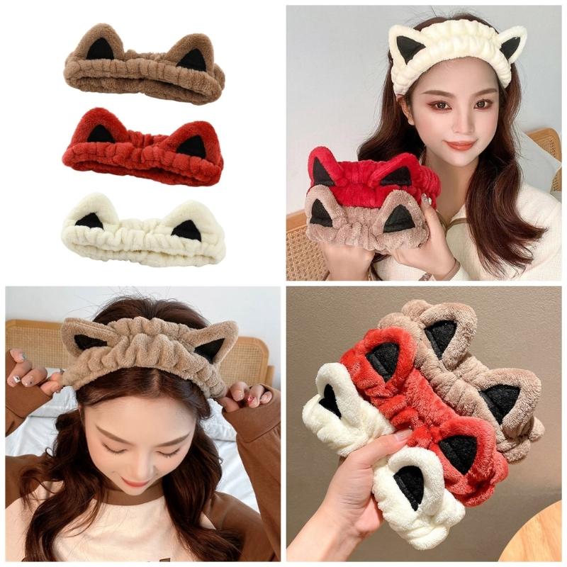 Elastic Women Shower Hairband Face Washing Headband Cute Kitten Plush Face Wash Hairband Home Makeup Headband