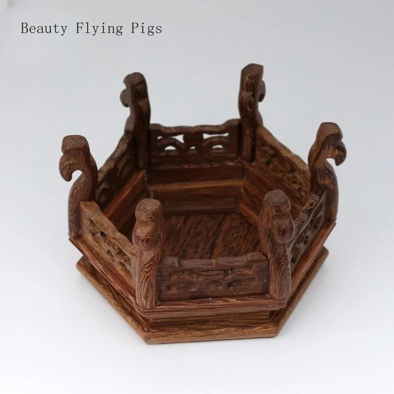 Chicken wing wooden hexagonal platform base Purple clay teapot holder Vase base Living room desktop balcony home decoration
