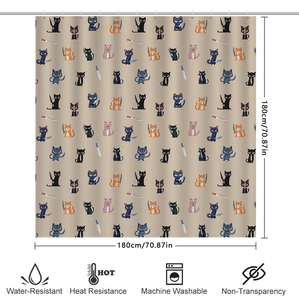 Cats Pattern Shower Curtain Bathroom Decor, Waterproof Fabric, 180 X 205Cm Size, Cartoon Print In Multiple Colors