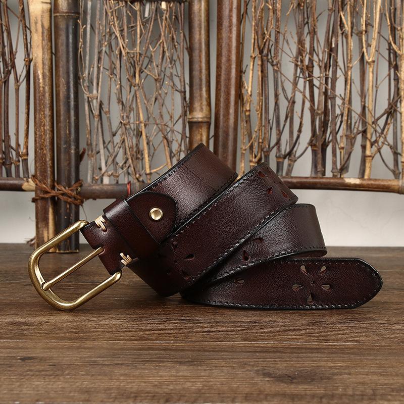 Belt Men's Retro Personalized Trendy Hollow First Layer Cowhide Leather Pin Buckle Casual Denim Belt Men's