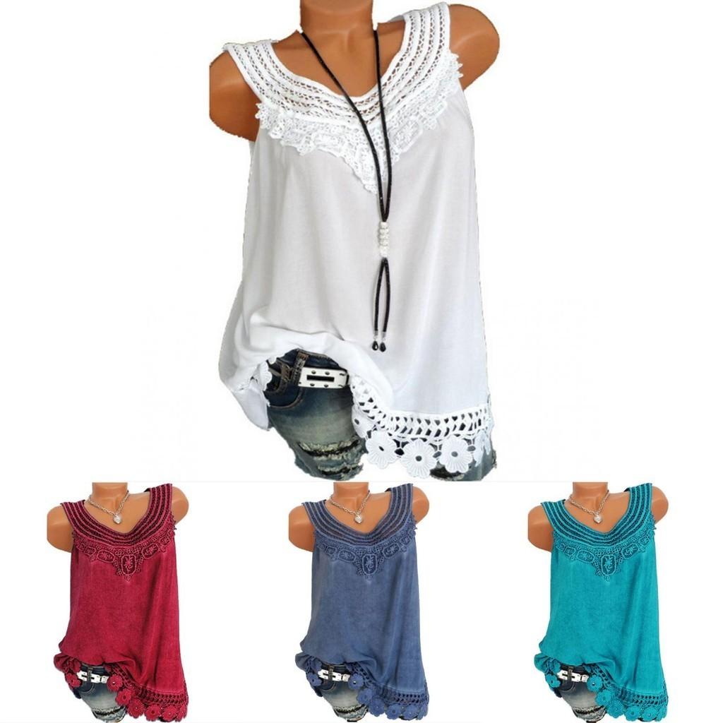Women's Loose Sleeveless Vest T-shirt Blouse With Elegant Boho Lace Design In Plus Sizes