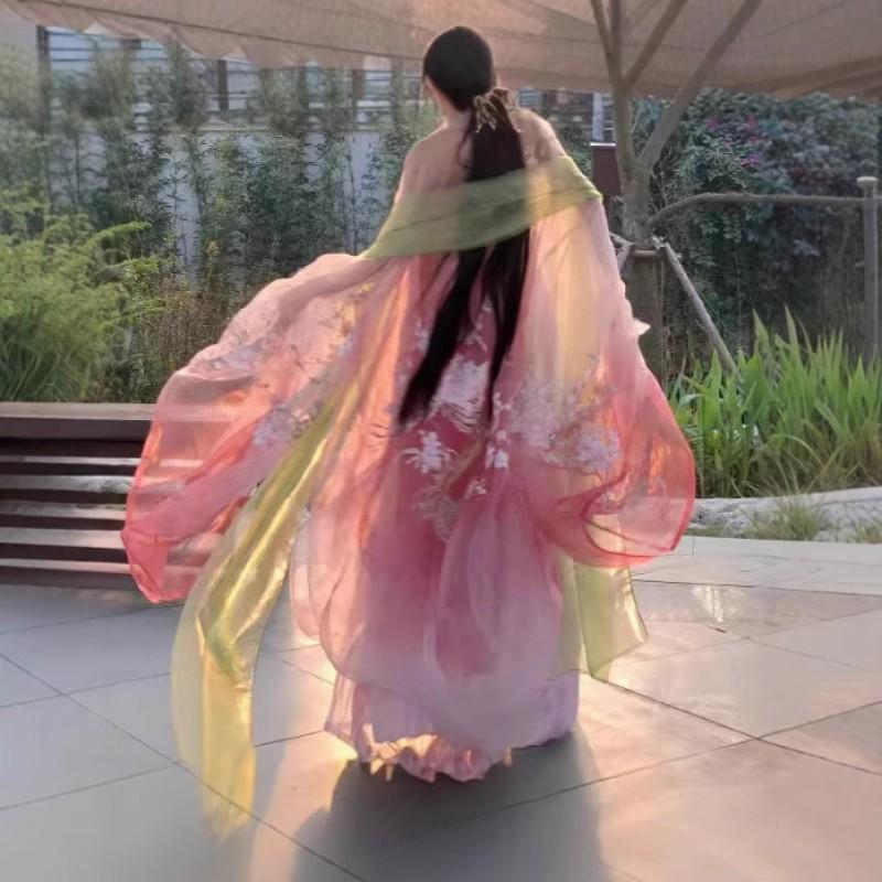 Traditional Chinese Tang Dynasty Style Hanfu Dress With Embroidered Floral Gradient Pink Skirt Wide Sleeves