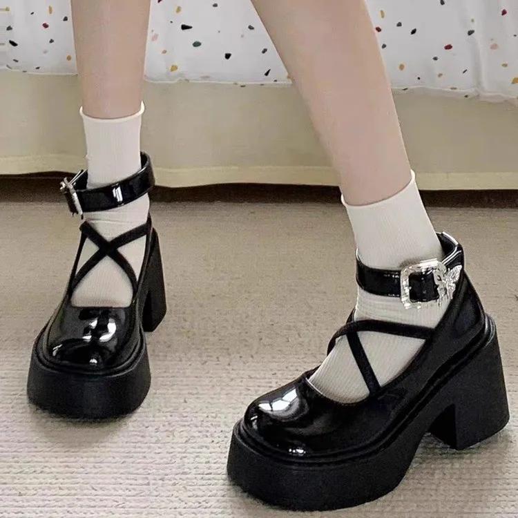 Chunky Platform High Heels Pumps Women 2025 Autumn Pu Leather Ankle Buckle Shoes Woman Thick Heeled White Lolita Shoes