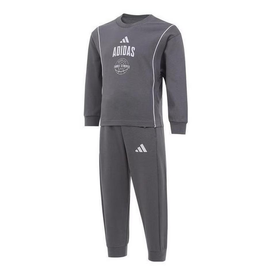 Adidas Casual Sports Suit Ss25 Round Neck Pullover Long Sleeve Sweatshirt Fashion Simple Drawstring Pants Kids suit Dark-Gray KC1551