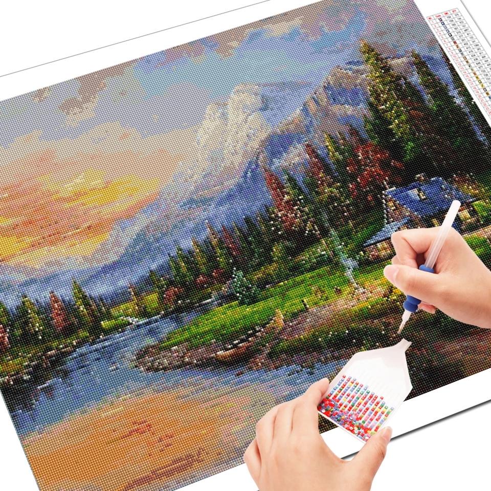 Pictură cu diamant 5D DIY Lake Full Drill Broderie cu diamante Poză din copac cu strasuri Peisaj Cucitură Decor de perete