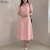 Women Casual Turn Down Collar Solid Color Short Sleeve Dress
