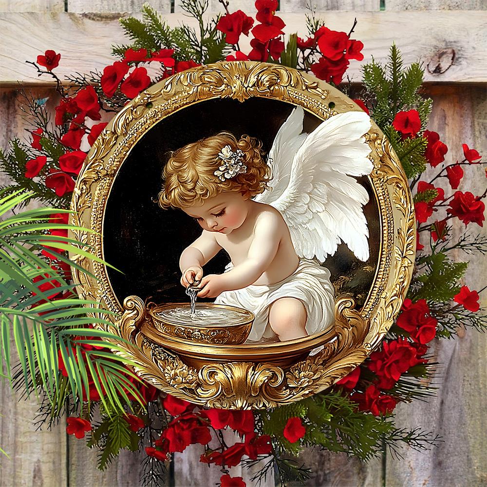 1pc Charming Angel Washing Hands House Wooden Hanging Sign Christmas Decor Christmas Wall Art Decoration Christmas Door Decor Garden Courtyard Party
