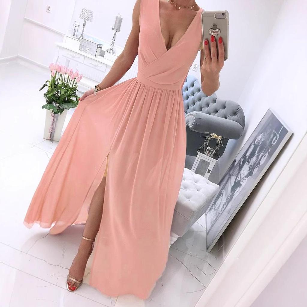 2023 Summer European & American Deep V-Neck Solid Color Maxi Evening Dress with Slit
