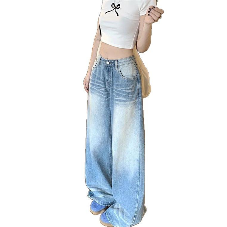 Comfortable Crease Blue Jeans Women's Petite Summer Vintage Washed High-waisted Trailing Wide-leg Trousers Jeans for Women Long Denim Pants