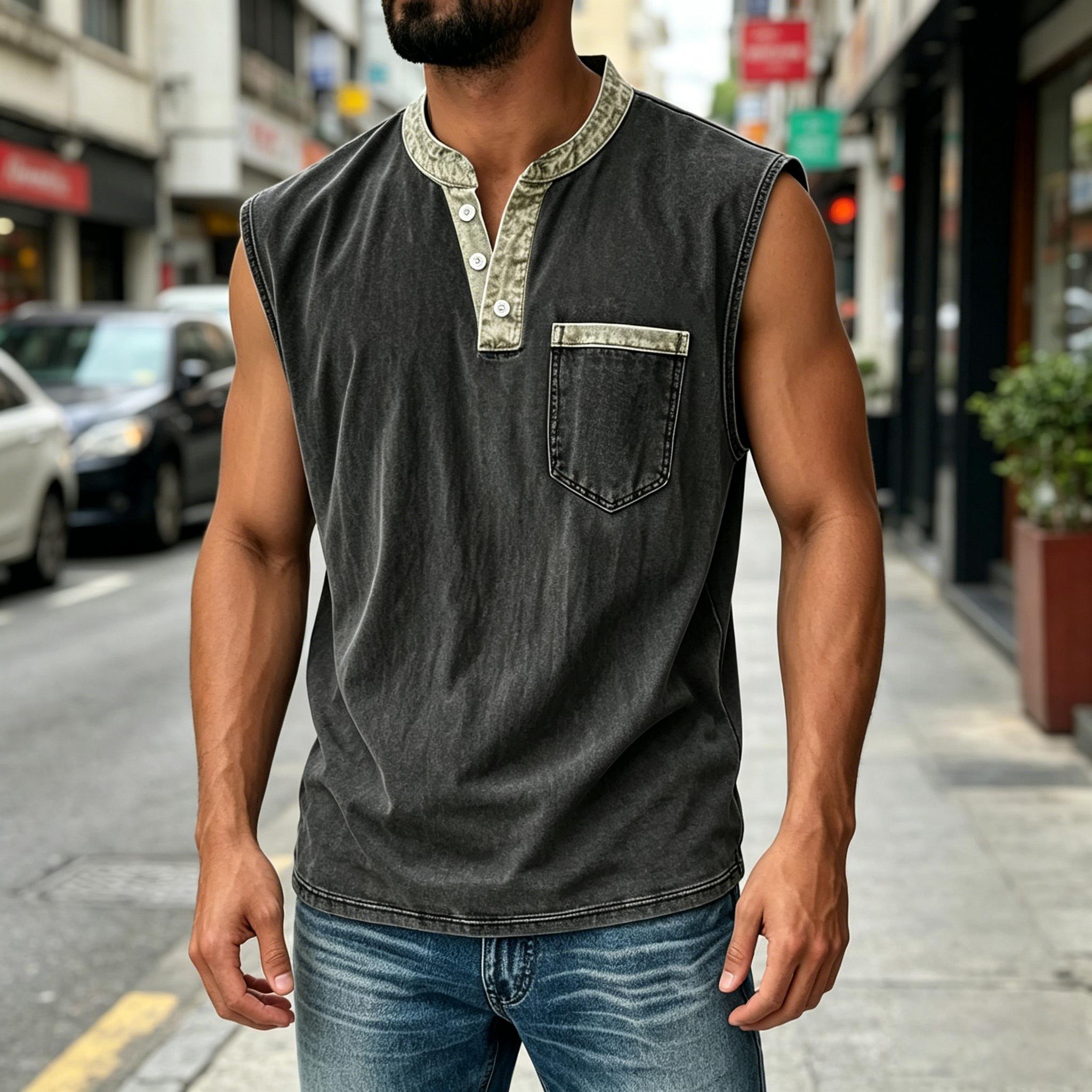 Men Sleeveless Casual Vest Three Button Henley Neck Pocket Front Cotton Linen Blend Summer Top L чёрный