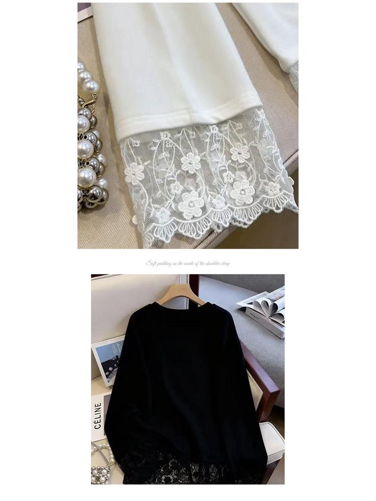 Weißes Spitzen-Patchwork-Langarm-T-Shirt für Damen, Stilvolle Plus-Size Herbst-/Winter-Unterwäsche