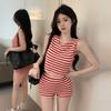 Women's 2pcs Set Striped Knit Crop Top Summer Knitted Hot Short Pants Top Two-piece Set Female