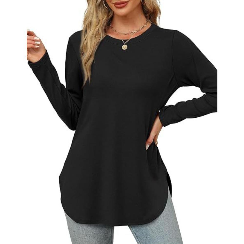 Women's O Neck Long Sleeve Tunic Top Solid Color Casual Loose Curved Hem T Shirt