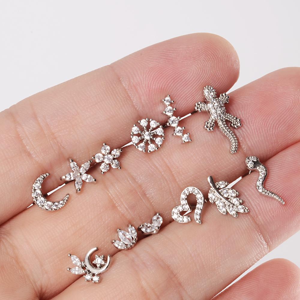 1pcs Surgical Steel Zircon Ear Stud Labret Stud Lip Ring Cartilage Helix Lobe Conch Piercing Moon Earrings Body Piercing Jewelry