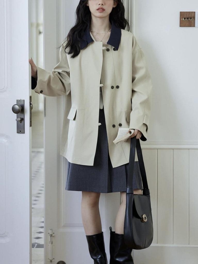 Women's Retro Color Block Lapel Double-Breasted Trench Coat - Petite Mid-Length Casual Outerwear for Spring and Autumn
