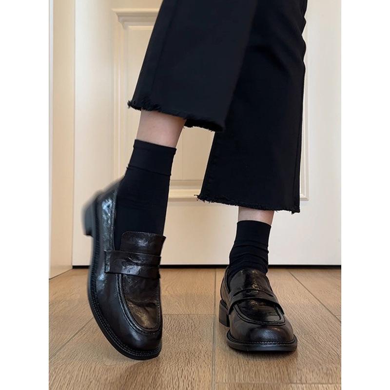 Cowhide version~ leather round head retro small leather shoes women's British style black platform lazy single shoes thick heel loafers